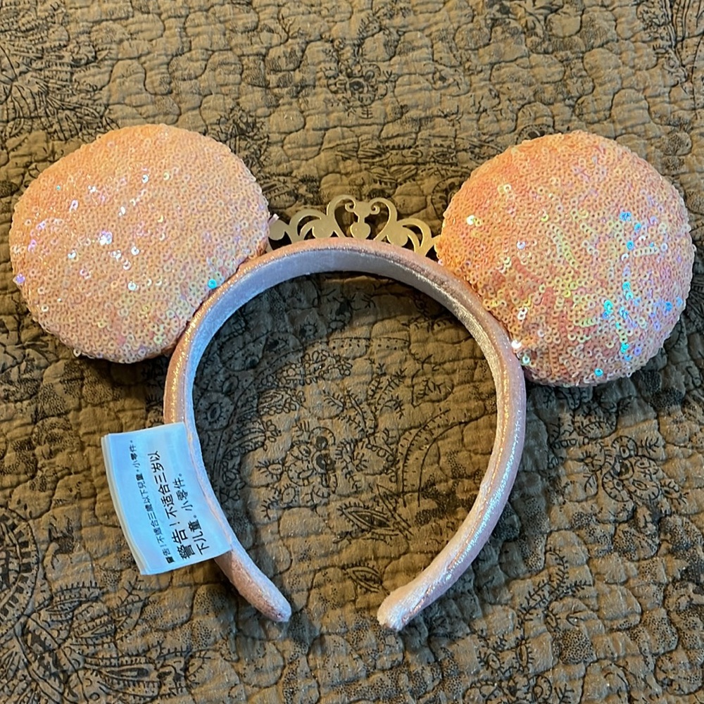Disney Rose Pink Sequin Minnie Ear Headband with Gold Tiara - Picture 4 of 4
